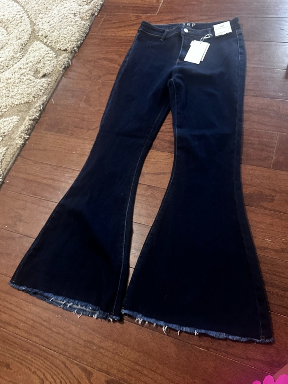 High-Rise Navy Flare Jeans with Raw Hem — Unbranded